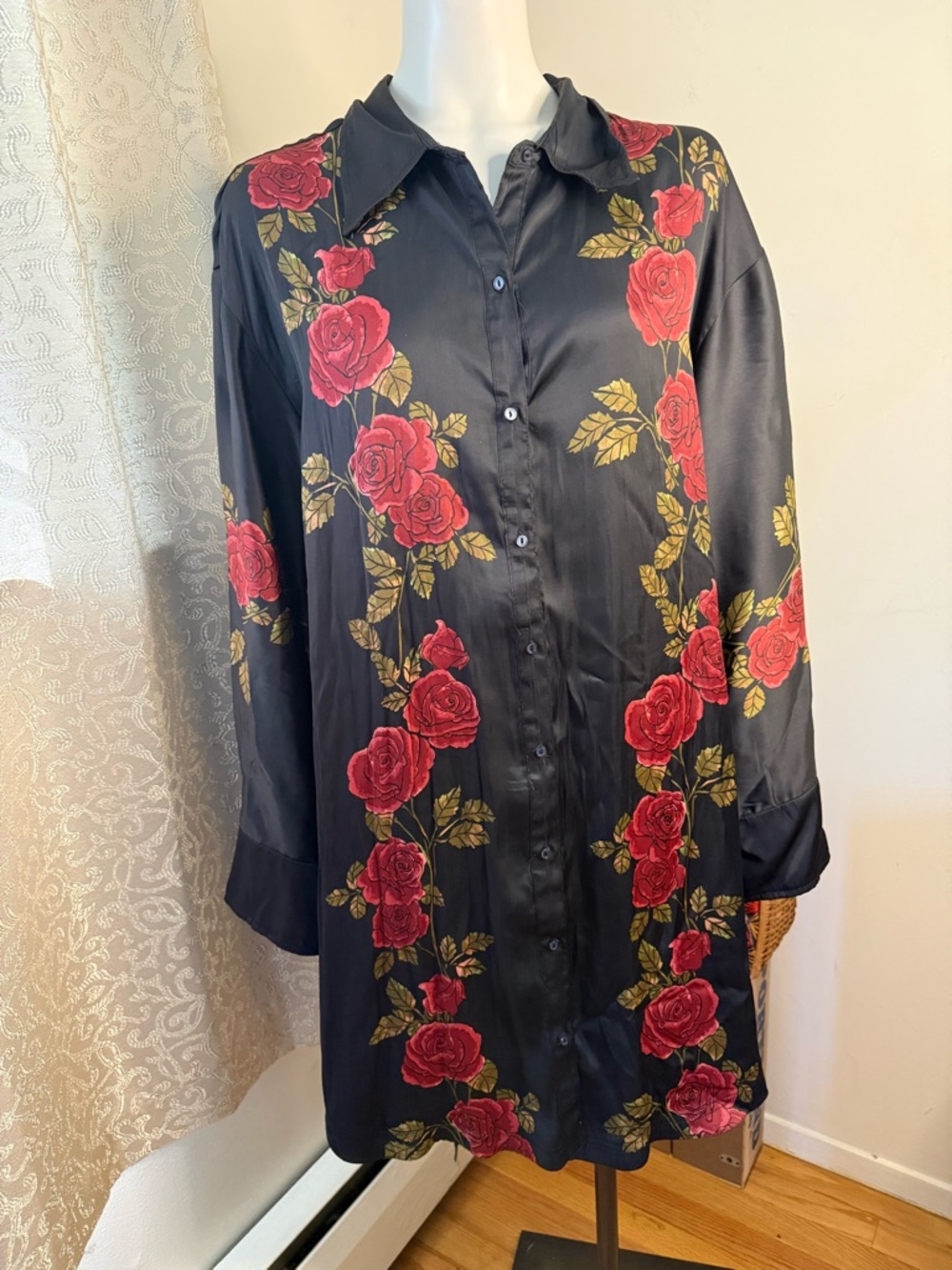 Free People Black Floral Button-Up Tunic with Red Rose